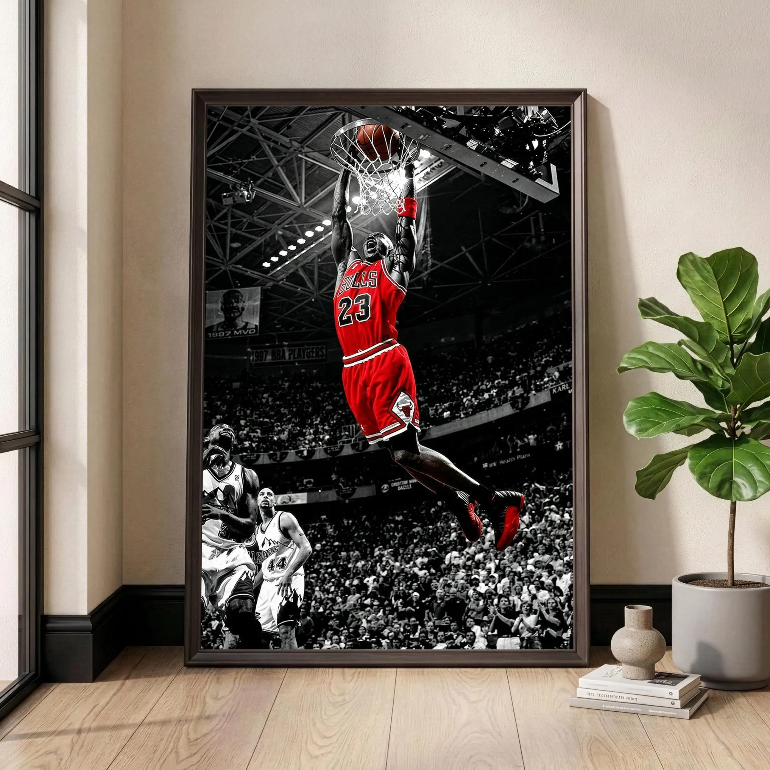 Michael Jordan Poster, Slam Dunk Wall Art, Chicago Bulls Decor, Basketball Man Cave Art, Black And White Sports Print, Color Splash