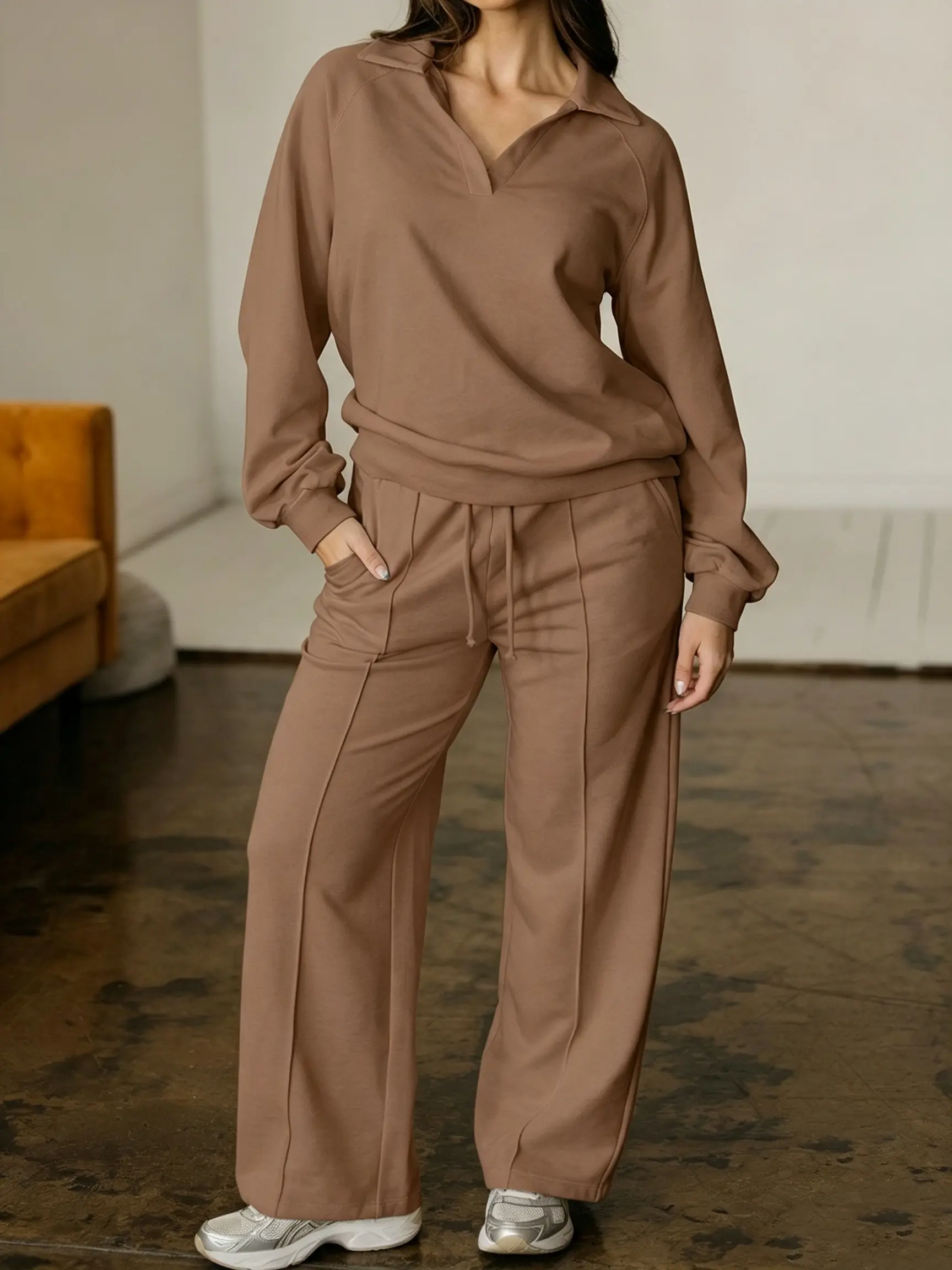 Women's 2-Piece Solid Sweatpants Set - Casual V-Neck Long-Sleeve Polo Pullover, Drawstring High-Waist Heavyweight Outfit