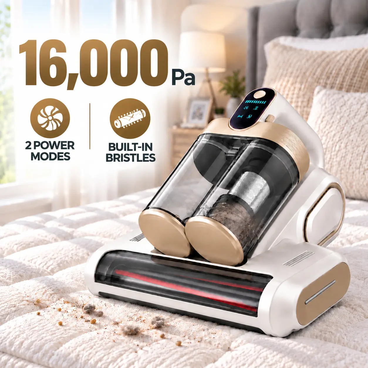 Rechargeable Cordless  Mattress Vacuum Cleaner, 16kPa Strong Suction, Dual Dust Containers, Sponge Filter, 2 Cleaning Speeds, UV-C Light, High Heating, Handheld Fabric Cleaner for Dust Mites, Beds, Couches