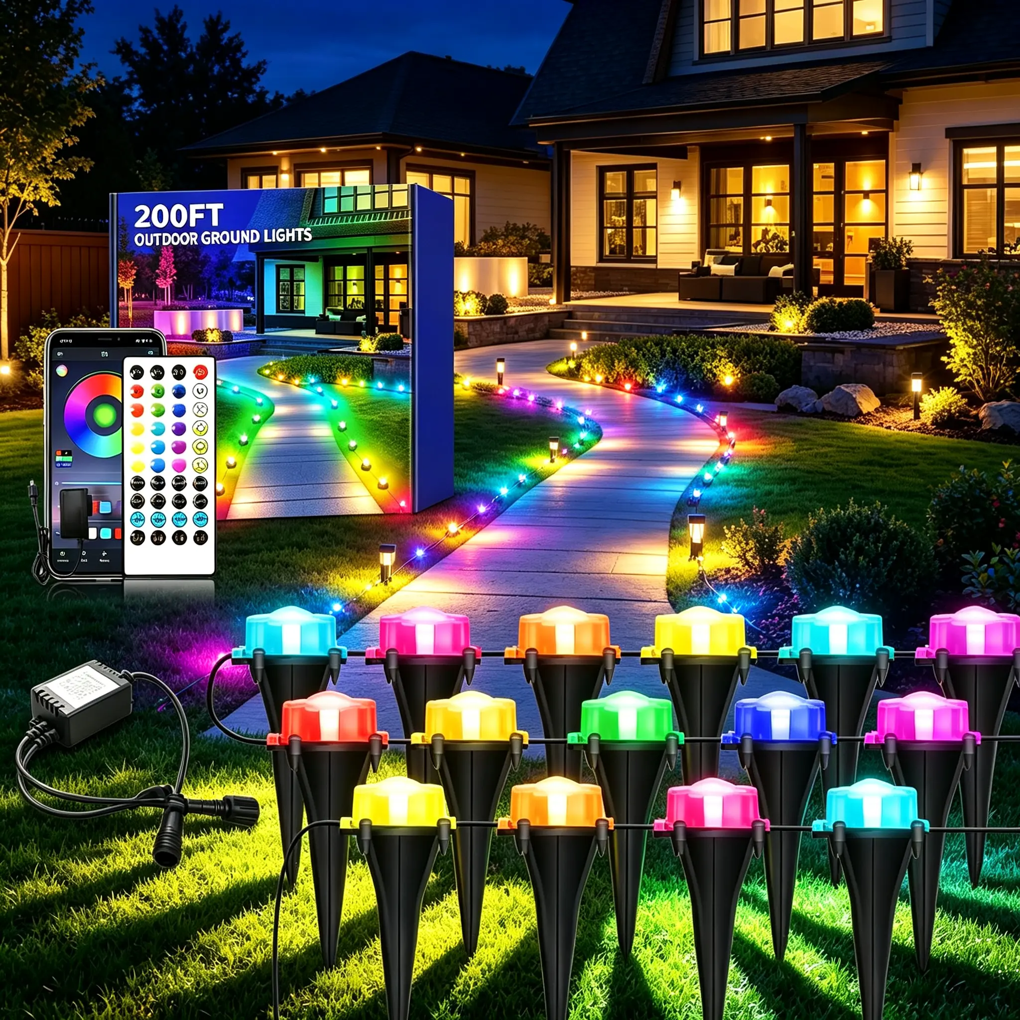 200Ft Permanent Smart Color-Changing Outdoor Ground Lights, Waterproof Decorative Pathway Lamps for Garden, Home Improvement Landscape Lighting