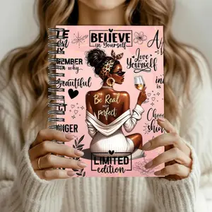 1pc Black Spiral Notebook for Women, Inspirational Floral Plant Design Journal, "Real Not Perfect" Motivational Quotes, 5.5x8.3 Inch  Durable Wire Bound Notebook, Self Affirmation Daily Planner Gift for Ladies School Office Use Stationery Office Supplies