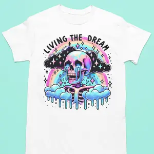 Living the Dream Crying Skeleton Tshirt - White Graphic Tee with Rainbow Cloud Design