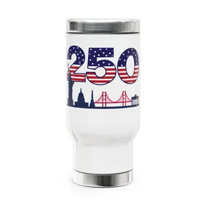 Sturdy Insulated Glossy Travel Mug with Silicone Features, 250-Skyline Design, American Flag Numbers for Camping Hiking Picnic Drink Use