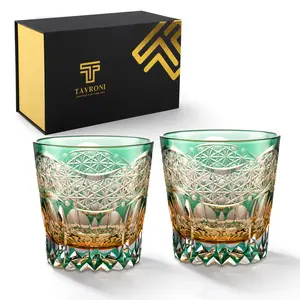 【Gift Box Set】11Oz Green and Amber Crystal Whiskey Glasses Set of 2 Edo Kiriko Japanese Craft for Whiskey Bourbon Scotch