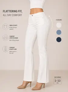 Women's Mid-Rise Stretch Sculpting Straight Jeans with Subtle Flare and Front Patch Pockets