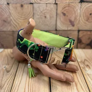 Spooky Cute Halloween Dog Collar Neon Ghosts Green Fleece Lining Eye Catching Pendant with Tassel Charm