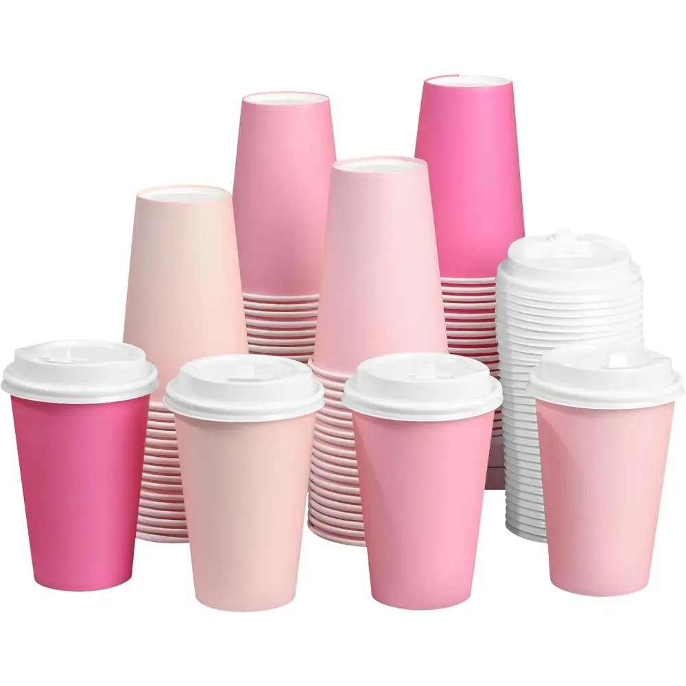 12 oz Pink Disposable Coffee Cups with Lids, Hot Pink & Light Pink Gradient Paper Cups for Hot and Cold Beverages-Water, Juice, Coffee, Tea. Party, Wedding, Bride Shower Supplies