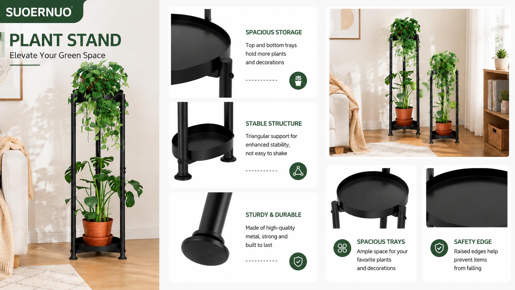 SUOERNUO Freestanding Minimalist 2-Tier Tall Metal Planter Rack, Adjustable Height Space-Saving Slim Elevated Planter Stand, Wipe-Clean Corner Plant Riser for Indoor/Outdoor Home & Garden Use