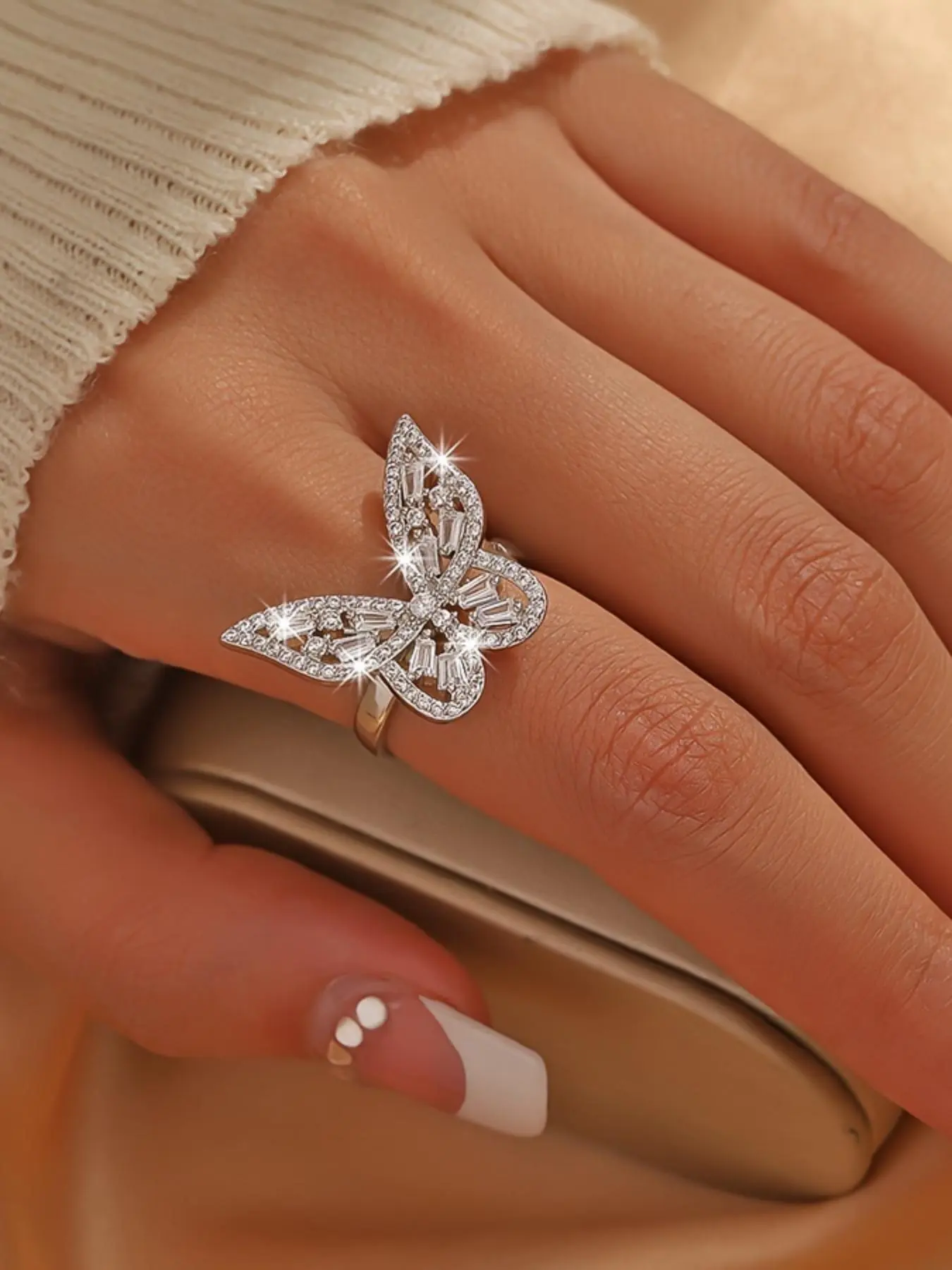 Butterfly Design Rhinestone Decorated Ring, Elegant Engagement Ring for Women, Anniversary Ring, Fashion Jewelry Accessories for Party, Daily Clothing Decor, Fashion Engagement Rings, Beautiful Rings, Wedding Engagement Ring
