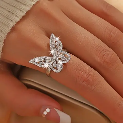Butterfly Design Rhinestone Decorated Ring, Elegant Engagement Ring for Women, Anniversary Ring, Fashion Jewelry Accessories for Party, Daily Clothing Decor, Fashion Engagement Rings, Beautiful Rings, Wedding Engagement Ring