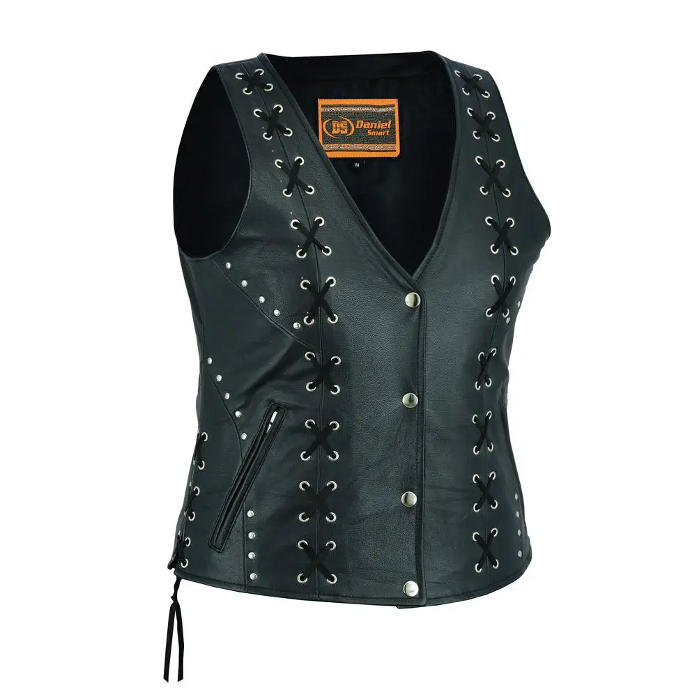 DANIEL SMART Wild Vixen Women's Leather Motorcycle Vest, Laced Riding Vest, Motocross Style Protective Gear for Motorcyclists, Laced Riding Vests, Motocross Style Vests