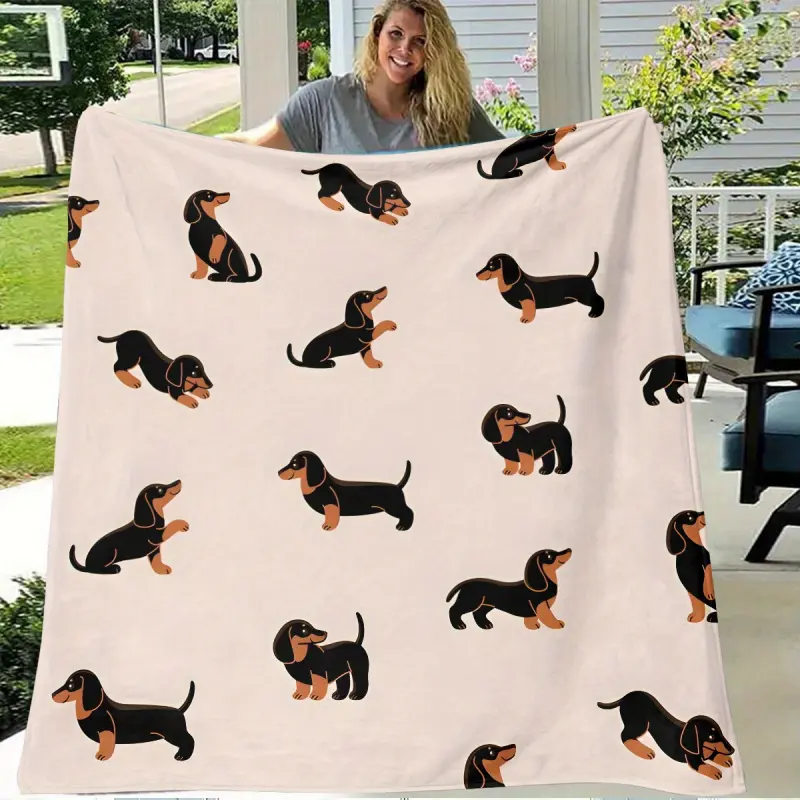 1Pc Bohemian Dachshund Print Flannel Blanket - Cozy Style, Soft & Lightweight Knitted Polyester, All-Season Multi-Purpose, Digital Print, Quilted, Hypoallergenic, Hand Wash Only, 250-300Gsm, Soft Blanket Vibes