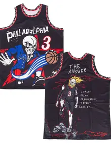 Allen Iverson #3 Philadelphia "The Answer" Basketball Jersey Red Black Skeleton Graffiti Quote Print Breathable Mesh Sleeveless Sports Tops for Iverson Fans, Supporters, Retro Collectors & Streetwear Basketball Enthusiasts