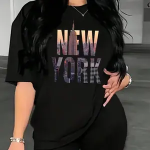 Women's Drop-Shoulder Jersey Tee - Round Neck, Half-Sleeve, Landscape & Letters Print, Casual All-Season Everyday Wear Top