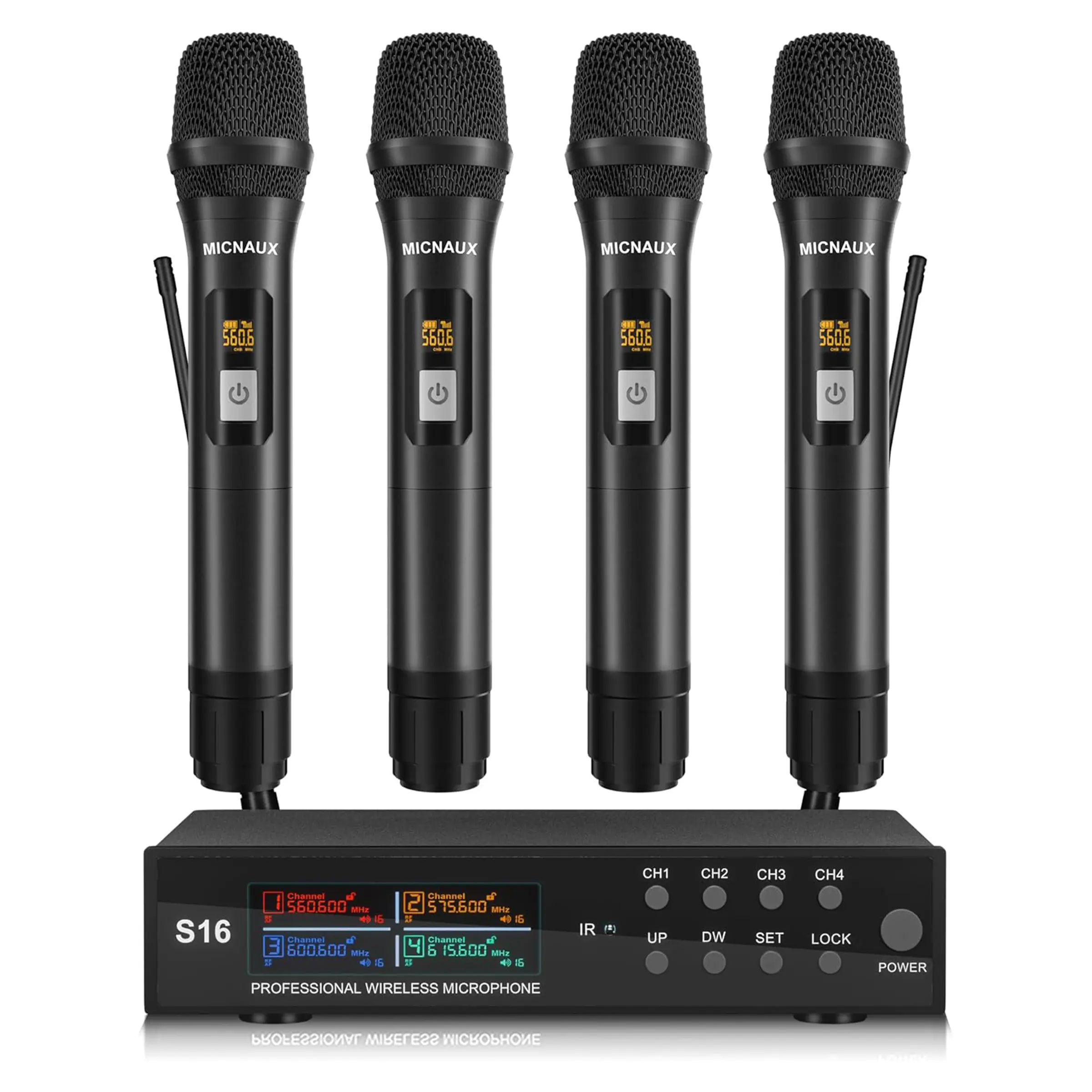 Wireless Microphone System, Pro 4 Channel UHF Mics Set with Metal Cordless Handheld Mics & Receiver, 200 Adjustable Frequency, 300ft Range for Singing, Church, Karaoke, Party