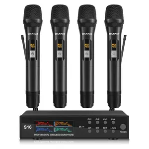 Wireless Microphone System, Pro 4 Channel UHF Mics Set with Metal Cordless Handheld Mics & Receiver, 200 Adjustable Frequency, 300ft Range for Singing, Church, Karaoke, Party