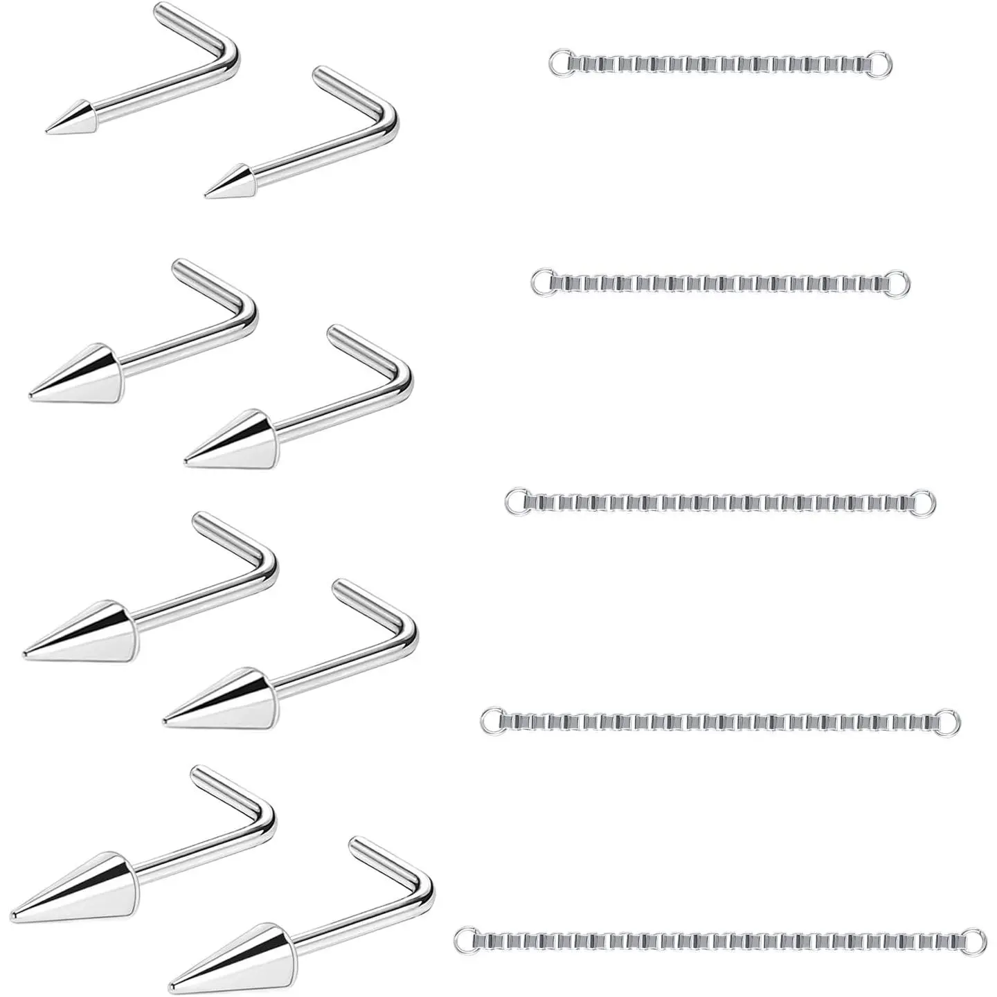 20G Spike Nose Rings Studs with Chains Stainless Steel Spike Nostril Ring Stud Chain Black Rook Corkscrew Ring L-Shaped Nose   Nose  Stud Lip   Black