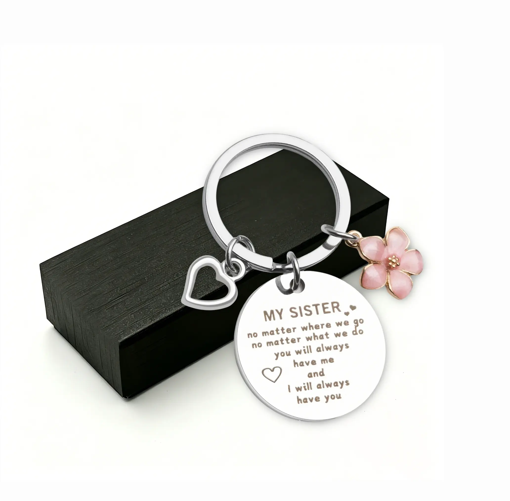 Cute Engraved Sister Keychain - My Sister No Matter Where We Go Quote Stainless Steel Key Ring, Long Distance Friendship Gift for Sisters Best Friends Women Girl Valentines Christmas Birthday