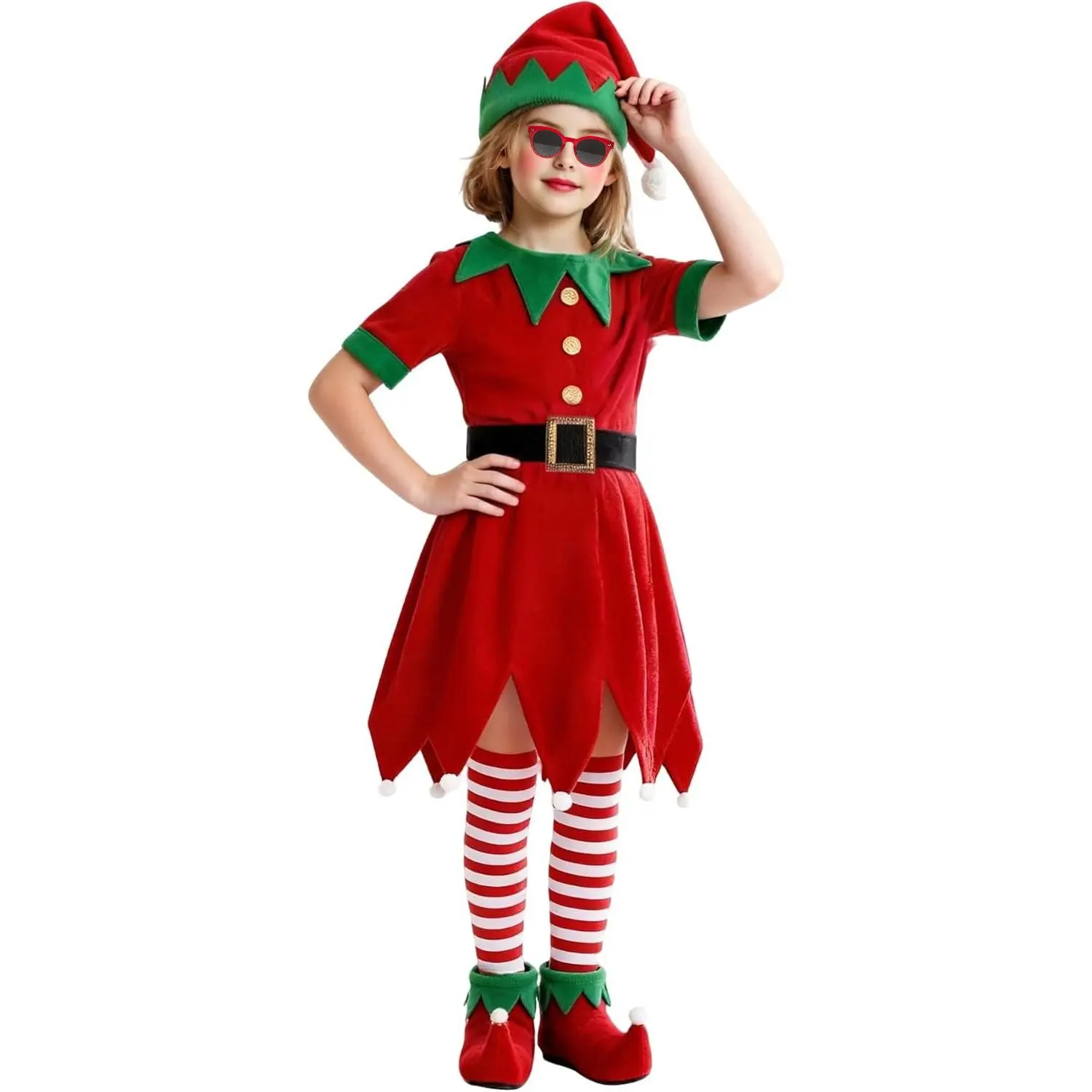 L-BN025   Christmas Elf Costume for Kids Girls Costume Xmas Festive Elf Dress Outfit with Elf Hat Shoes Stockings