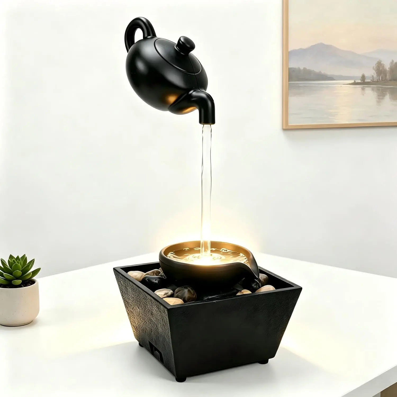 Zen-Style Floating Teapot Resin Decoration Lamp - Black Teapot & Bowl, Transparent Fish Tank Base, LED Visual Illusion Endless Water Flow Simulation, Auto-Operated Atmosphere Light for Meditation & Gifting