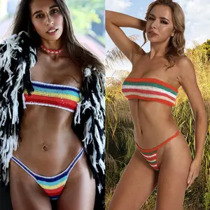 Women's Striped Crochet Strapless Nylon Bikini Set - Boho Sports & Outdoor Beach Swimwear, Bathing Suit, Swimsuits Bikinis