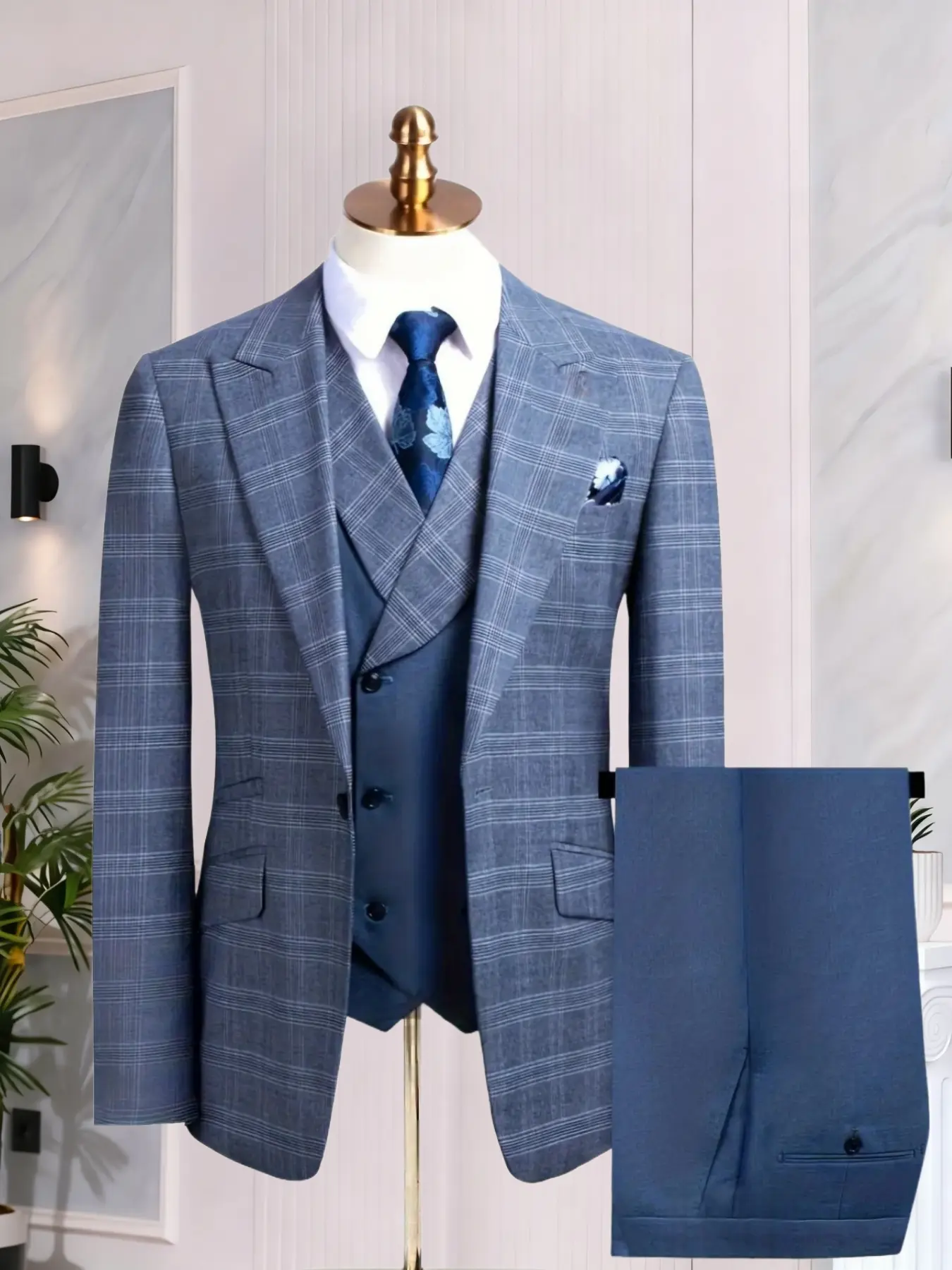 Wedding Men's Suit Plaid 3pcs Set Jacket + Vest + Pants, formal, business, Casual Suits