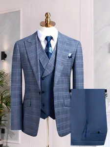 Wedding Men's Suit Plaid 3pcs Set Jacket + Vest + Pants, business, Casual, Formal Suits, Business Attire Clothes
