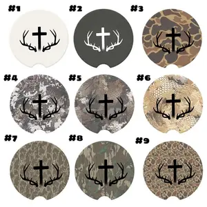 Rustic Cross Deer Antler Soapstone Car Coaster, Christian Camo Car Cup Holder Coaster, Hunting Faith Auto Accessory, Western Truck Gift, Absorbent Stone Coaster