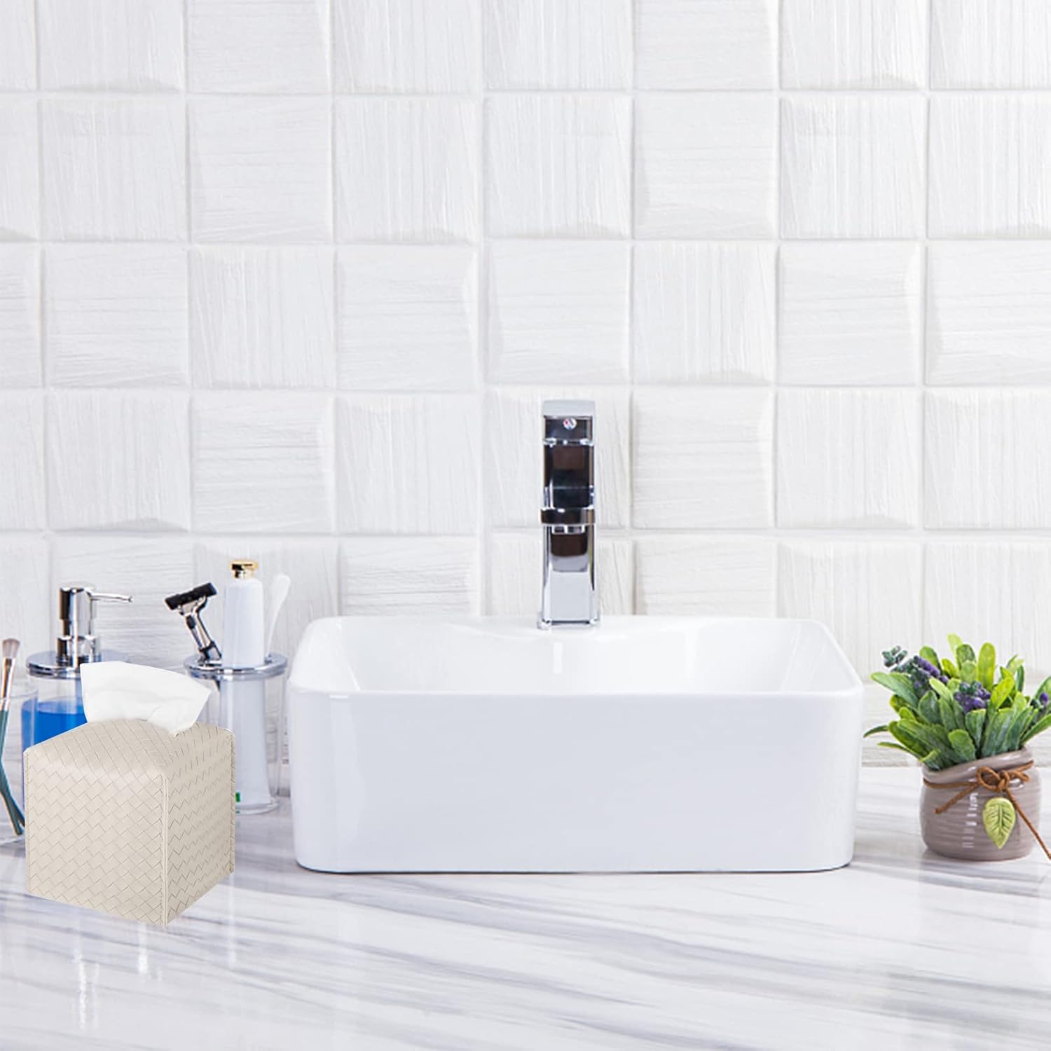 PU Leather Tissue Box Cover – Square Facial Tissue Holder for Bathroom, Vanity, Tabletop & Car, Stylish Tissue Organizer Dispenser, Greige