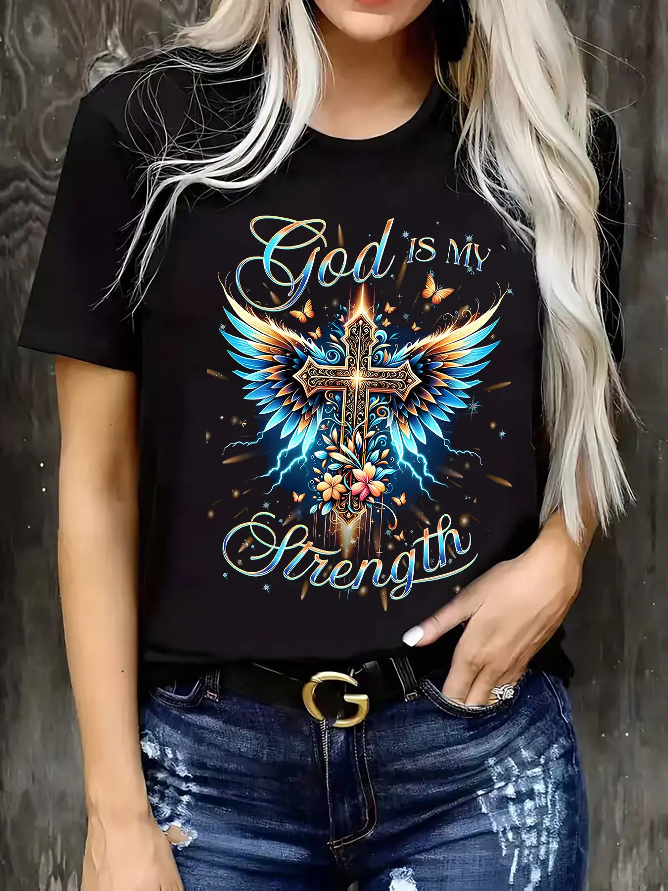Soft Plus Size Women's Christian Faith T-Shirt - Casual Short Sleeve Round Neck Top with Cross & Wings Design, Brings the Light of Love & God is My Strength Bible Verse (Psalm 28:7) - Inspirational Religious Apparel for Casual Attire