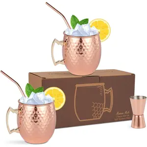 Moscow Mule Mugs Set of 2 - Hammered Copper Cups with Stainless Steel Lining, 2 Straws & Jigger - Barware  Set for , Weddings,  Entertaining