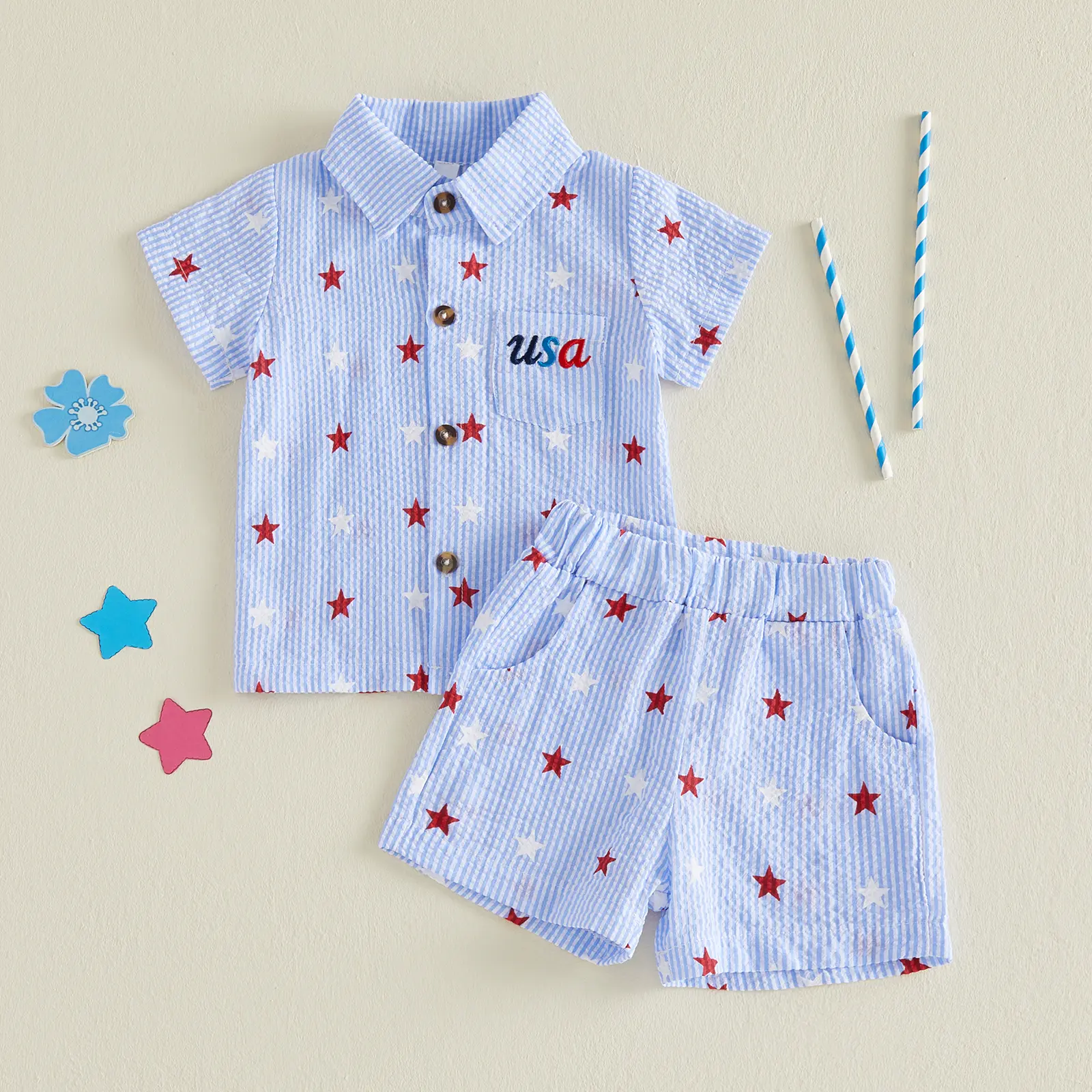 Toddler Baby Boy 4th of July Outfit American Boy Embroidery Button Short Sleeve Collared Shirt Tops Plaid Shorts Set