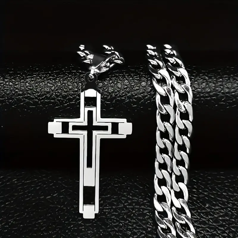 Uncoated Stainless Steel Cross Pendant Necklace - Heavy-Duty Interlocking Chain, Unisex Gold Christian Jewelry, Bold Look Long-Lasting Daily/Formal Wear Accessory, Valentine's Day Gift