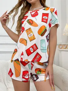 Fast Food Lover Sleepwear Set, Comfortable Short Sleeve Home Clothes, Perfect Gift for Girls, Burger Fries Print, Round Neck Design