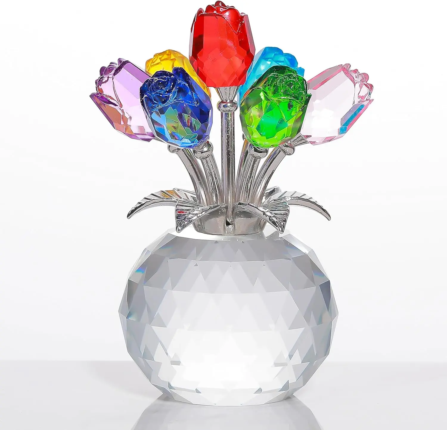 Ornalrist Crystal Colorful Rose Figurine with Vase, 7x7x13 cm Rainbow Refraction Decor, Romantic Mother’s Gift for Wife Mom, Festive Home/Wedding Party Supplies