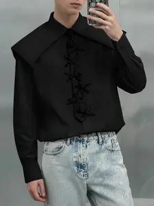INCERUN Men Shirt Patchwork Bowknot Lapel Long Sleeve Casual Basic Men Clothing Loose Streetwear Fashion Male Tops Camisas
