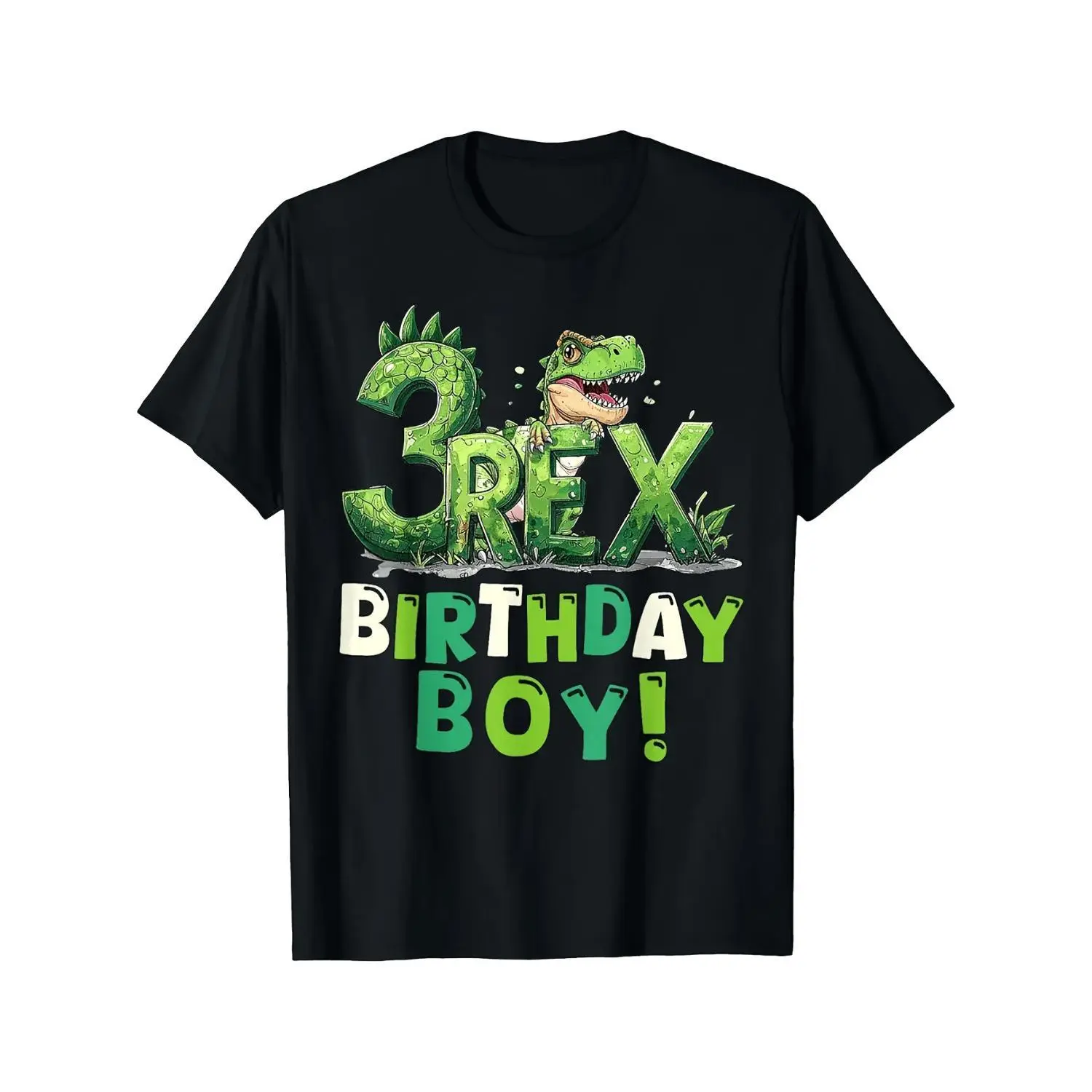3rd Birthday Dinosaur Graphic T-Shirt - T-Rex Birthday Boy Lettering with Number 3 & Dinosaur Print, Casual Round Neck Short Sleeve Top for 3 Year Old, Birthday Party Outfit, Comfortable Casual Attire, Easy-Care 'lothing