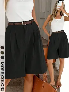 1 Piece High Waist Pleated Wide Leg Bermuda Shorts (Belt Not Included), Commuter Casual Straight Leg Shorts