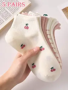 5 Pairs Women's Strawberry & Cherry Socks, Pink Cute Style, Comfortable & Versatile, Daily & Photo Essential, Perfect Gift
