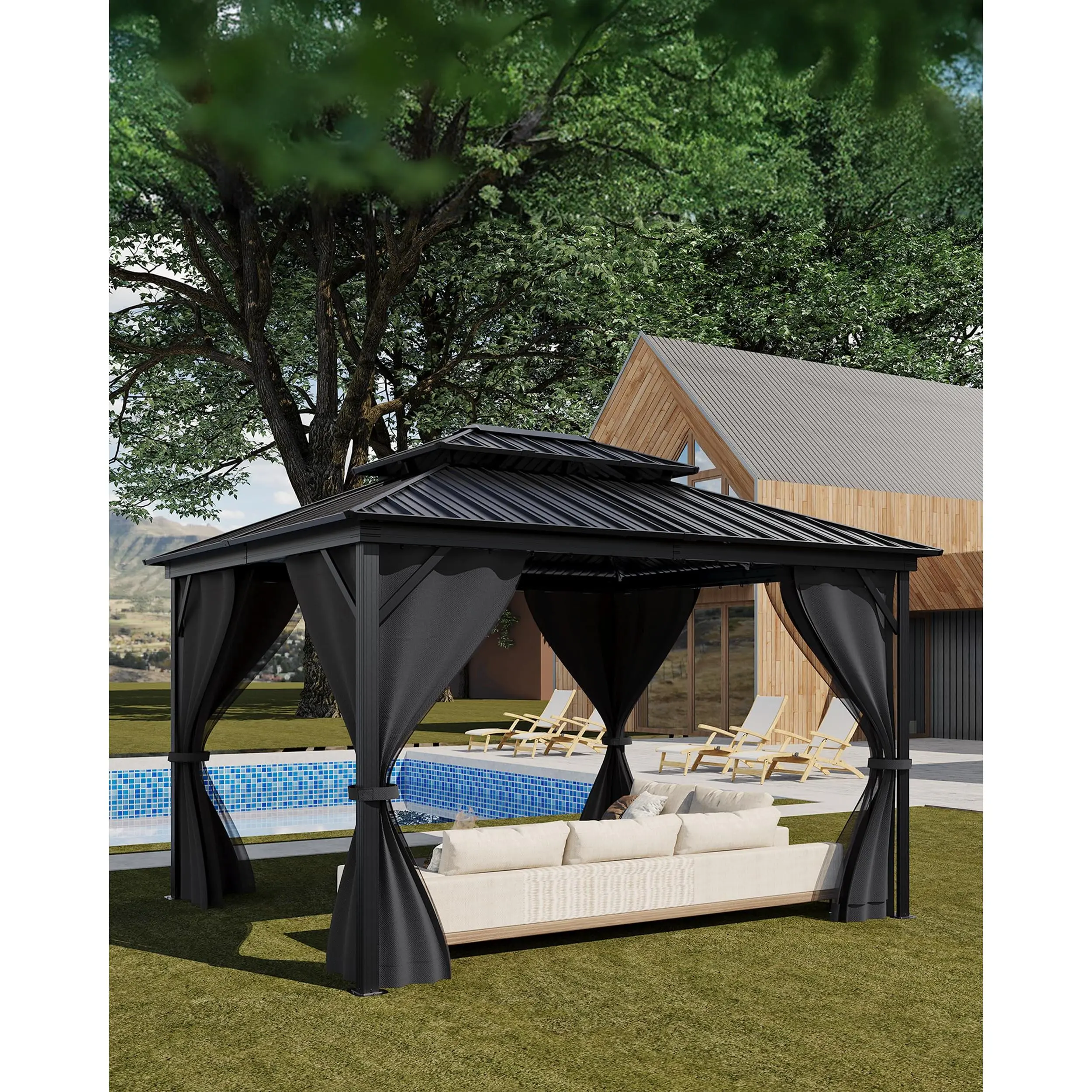 12x14 ft Grey Hardtop Gazebo, Heavy Duty Double Roof with Netting & Curtains, Galvanized Steel Outdoor Pavilion for Patio, Backyard, Deck & Lawn