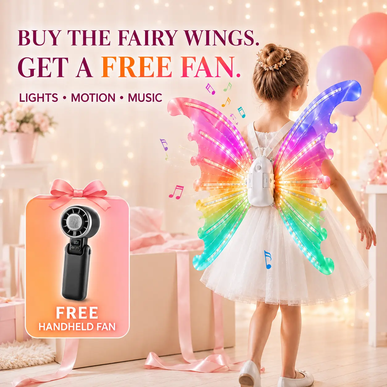 Electric Fairy Wings for Girls – Buy the Light-Up Moving Butterfly Wings and Get a Mini Fan Free, Colorful LED Lights and Music, Adjustable Princess Costume Accessory for Kids Dress-Up, Birthday, Halloween, Christmas, Cosplay and Party Gifts