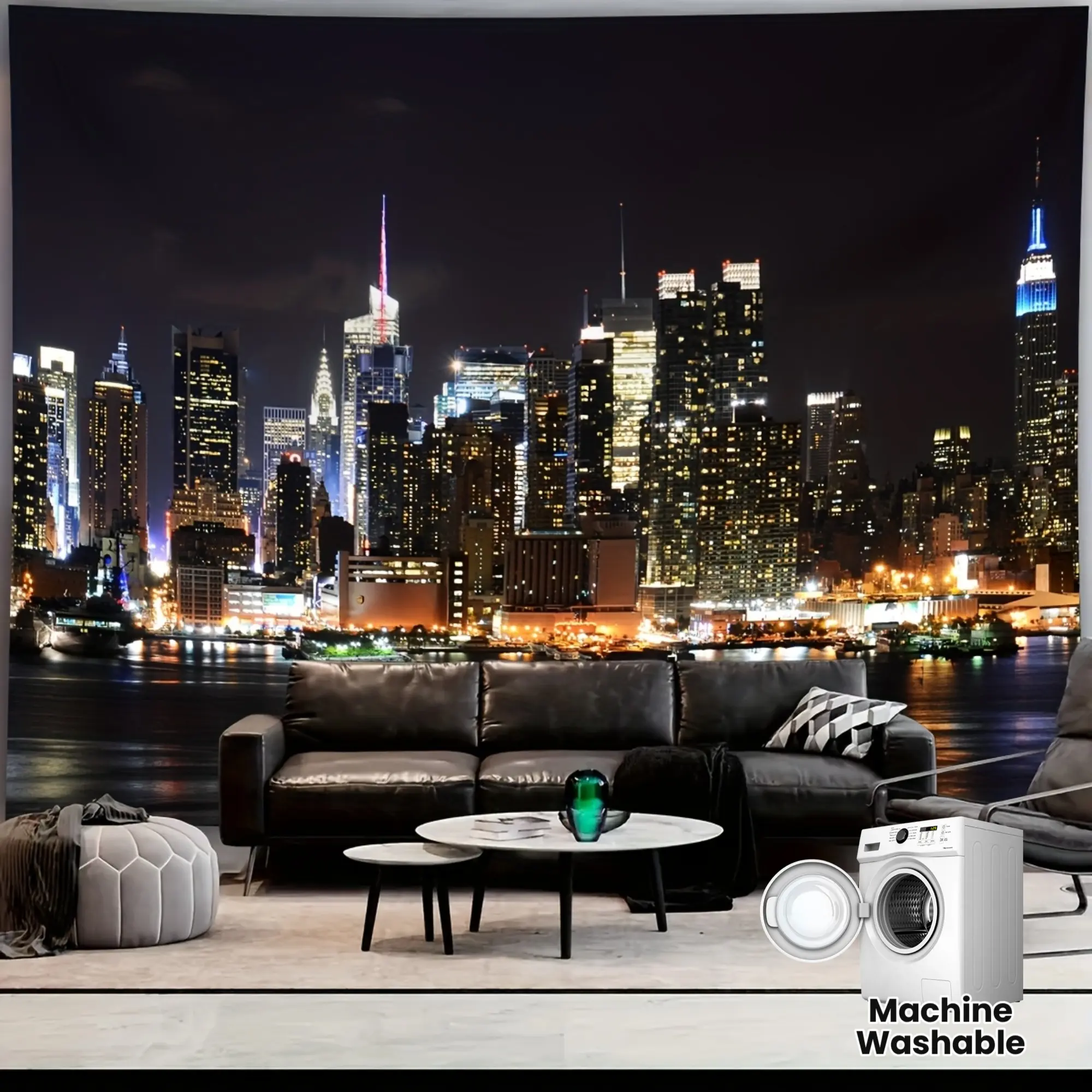 Night Cityscape Tapestry Wall Hanging - 100% Synthetic Polyester, Fade-Resistant, Lightweight, Machine Washable, Hand-Sewn Horizontal Home Decor, Room Art with Skyscraper & Water Reflection Novelty Print for Living Room