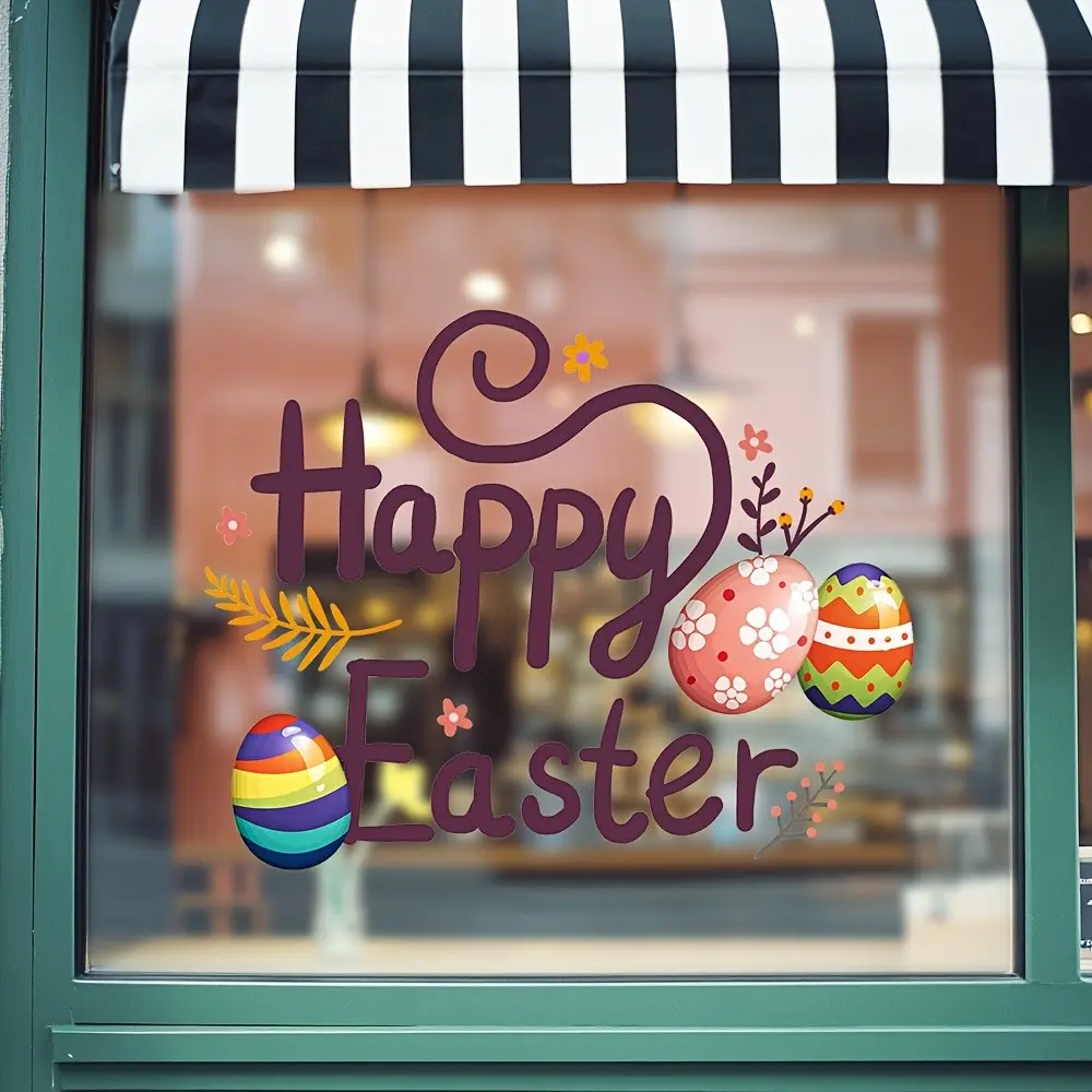 Happy Easter Window Sticker, Colorful Eggs and Floral Decorations, Home Glass Decoration, Spring Festival Theme, Easy Peel-And-Stick Design