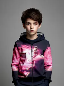 Boys' Football Star Zip Hoodie Sweatshirt, 3D Digital Print, Long Sleeve, Casual Sporty Style, Spring & Fall, Fitted, All over Print