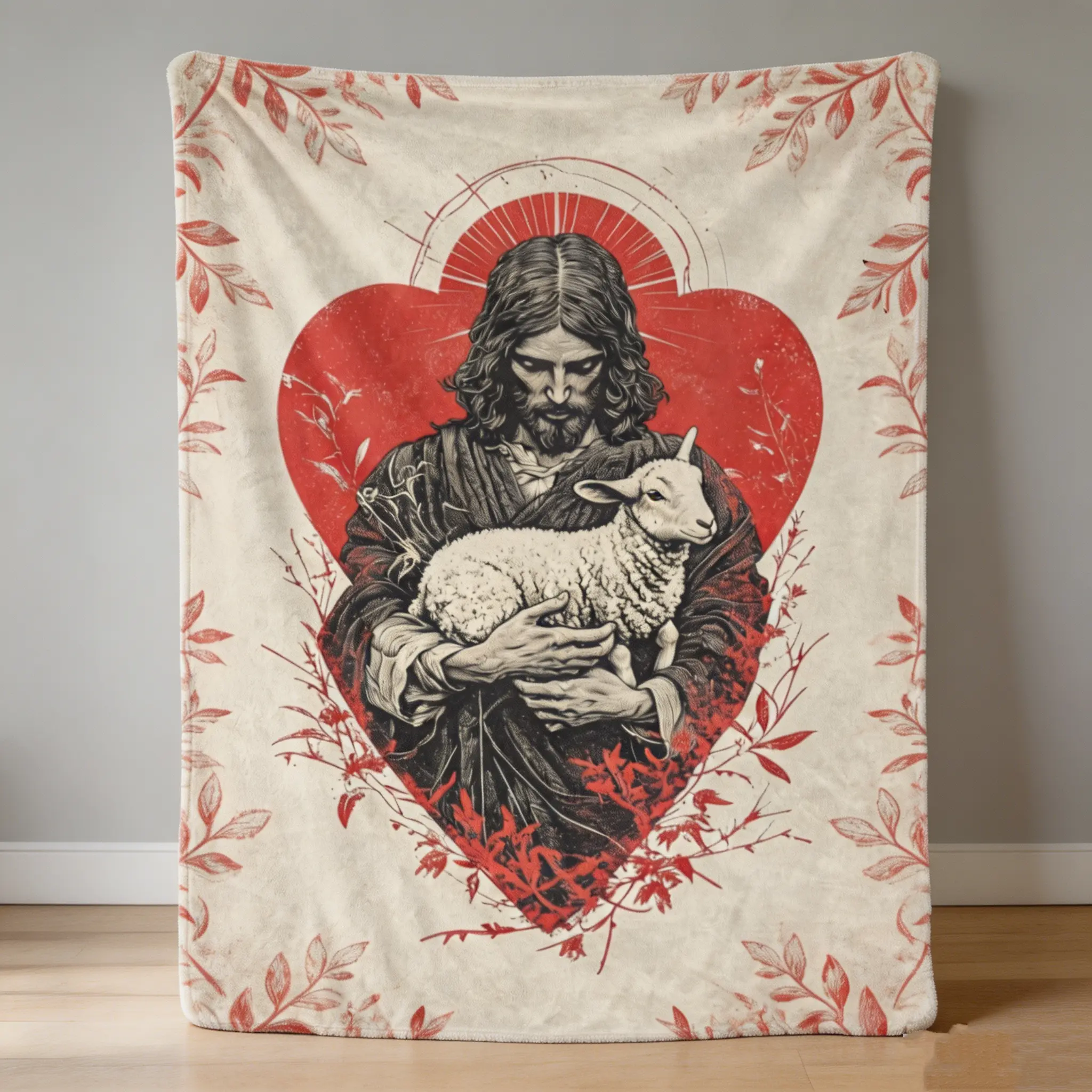 Jesus The Good Shepherd Red Heart Floral Vintage Fleece Blanket Religious Christian Faith Print Throw Ultra Soft Warm Flannel Bedding Baptism Easter Gift