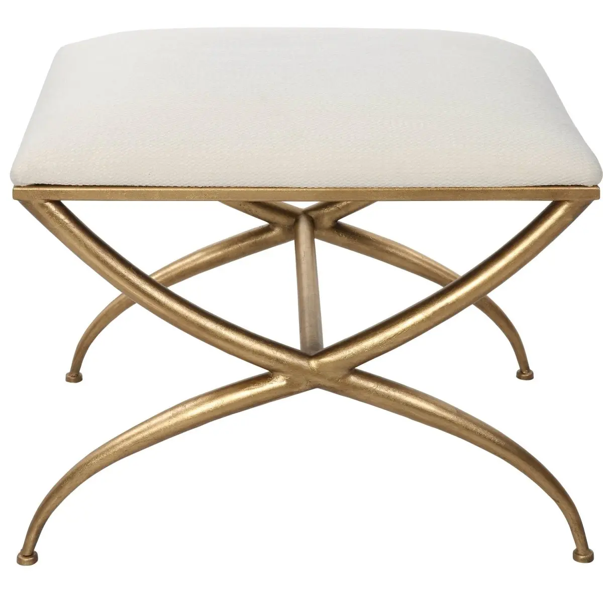 Classic Crossing Small White Bench, Foam Cushioned Indoor Stool, Iron Frame Footrest, 24 w x 20 h x 18 d (in)