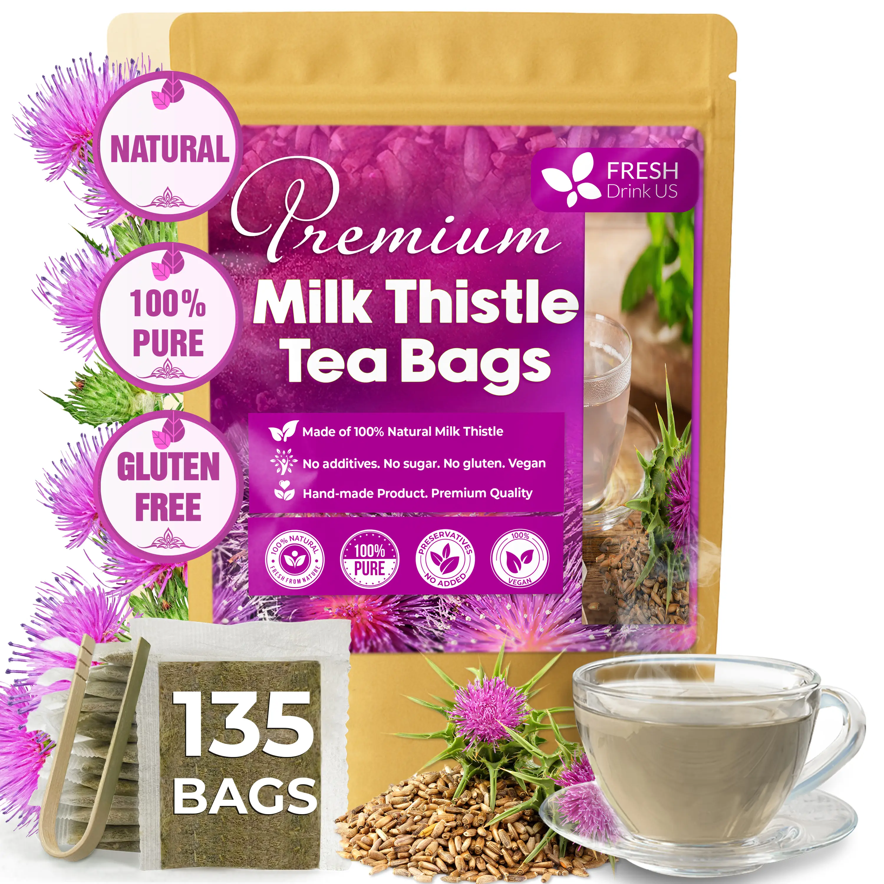 Premium 135 Milk Thistle Tea Bags, 100% Natural & Pure from Milk Thistle Seeds. Milk Thistle Seed Herbal Tea. Milk Thistle Seed Tea. Made with Natural