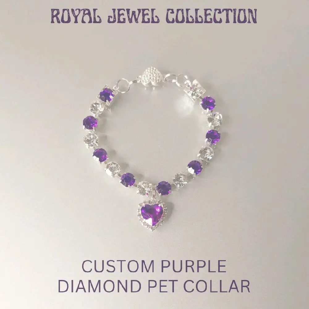 Pet Collar Custom Purple & Diamonds Crystal Heart Necklace Magnetic Breakaway Safe for Dogs & Cats