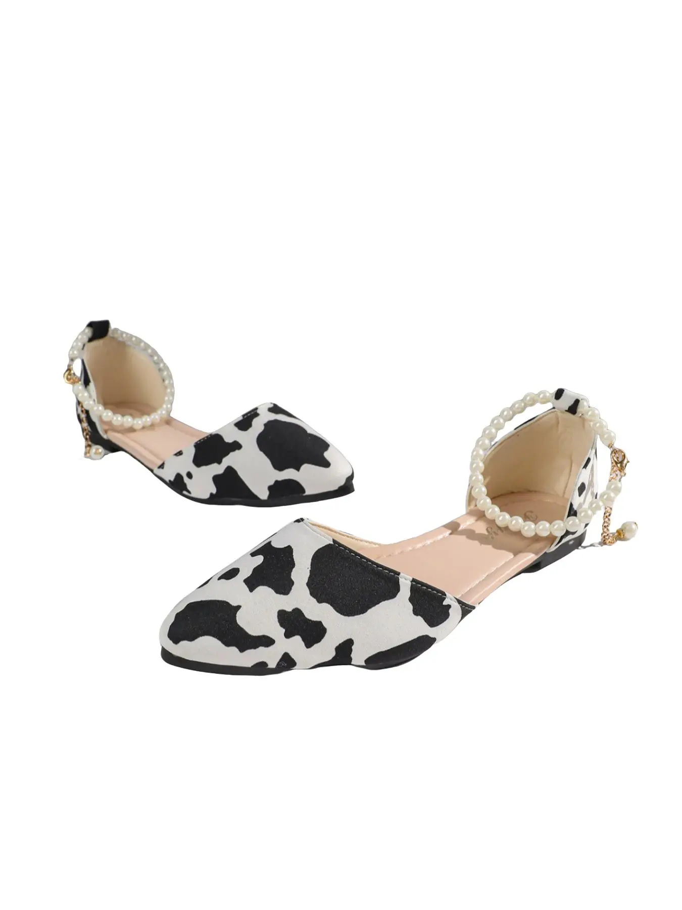Cow Print Pearl Ankle Strap Flats, Pointed Toe Slip On Shoes for Daily Dating Party