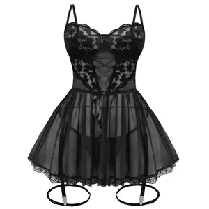 Parthenope Women's Sexy Lace Babydoll Mesh Chemise Lingerie Dress Set Nighty with Garter Belt for Romantic Nights & Special Occasions